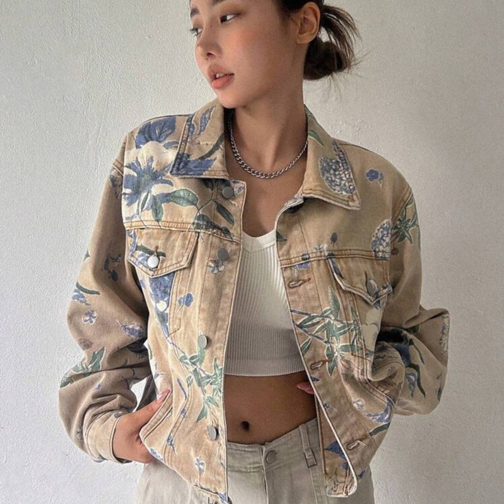 Floral Blue and Tan Jean Jacket